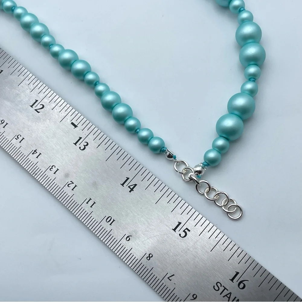 Sterling Silver knotted Double Strand Turquoise Faux Glass Pearl Necklace